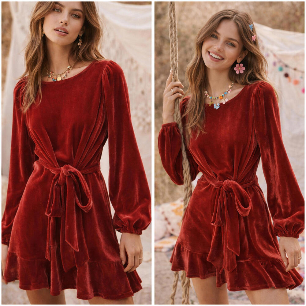 SALE❣️NWT J.CREW Y2K Red Velvet Mini Knee Dress Ruffle Long Sleeve Effortless - Picture 6 of 10